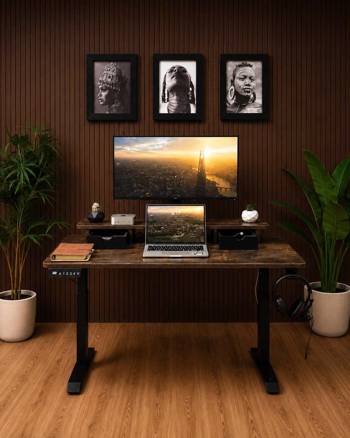 An Ergolevel standing desk in Rustic Dark Walnut against a wood-slat wall
