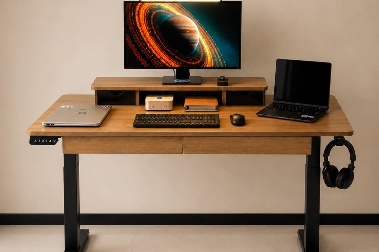 Ergolevel Max standing desk in Golden Oak